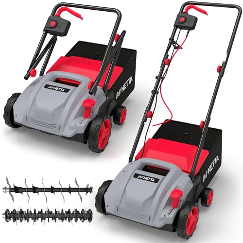 NETTA 1500W Lawn Scarifier and Aerator - 320mm Electric Garden Rake & Moss Remover - 4 Adjustable Heights 30L Collection Box - 10m Cable Lawn Scarifier Rake for Grass & Garden