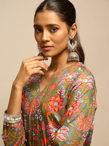 Image of Amazon Brand - Tavasya Women Floral Printed Short Kurti | Casual Wear| V- Neck | 3 /4th Sleeves | Cotton | (Regular Fit) |