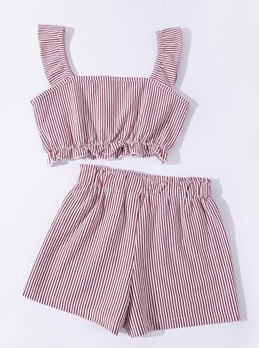 Image of Girl's Summer Clothing Sets Knit Ruffle Striped T-Shirt and Shorts 2 Piece Outfits Red 9-10Y