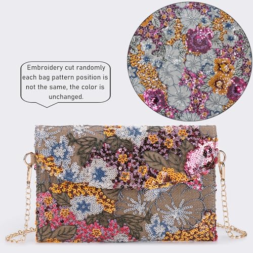 Image of Clutch Purses for Women, Envelope Package, Sequin Embroidered Flowers Straw Bag, Bohemian Handmade Handbags