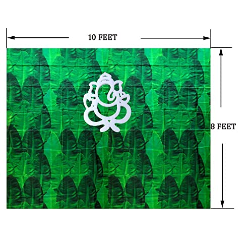 Image of ZEONELYMART Banana Leaf Backdrop Cloth Hangings for Pooja, Housewarming and Wedding etc Events Decoration 10 X 8 Feet (Banana Leaf Cloth with Ganesh) Ganesh chaturthi Backdrop