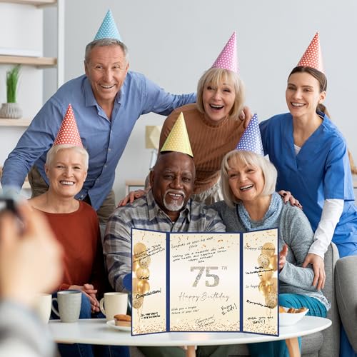 Image of DARUNAXY Blue Gold 75th Birthday Party Decorations, Blue Happy 75th Birthday Alternative Signature Guest Book for Men Women Cheers to 75 Years Old Gifts 75 Birthday Signing Card Board Party Supplies
