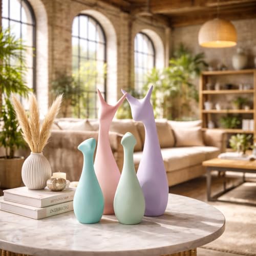 Image of Xtore Ceramic Home Decor Lucky 4 Deer Family Figurine with Supreme Matte Finish | Pastel Color | for Home /Office /Living Room /Kitchen /Gifting - (Set of 4, Multicolor)
