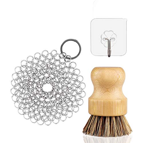 Cast Iron Cleaner 316L Premium Stainless Steel Chainmail Scrubber Set with Phoebe Wood Scrub Cleaning Brushes Grill Brush for Cast Iron Pan Dutch Ovens Waffle Iron Pans Woks Pots