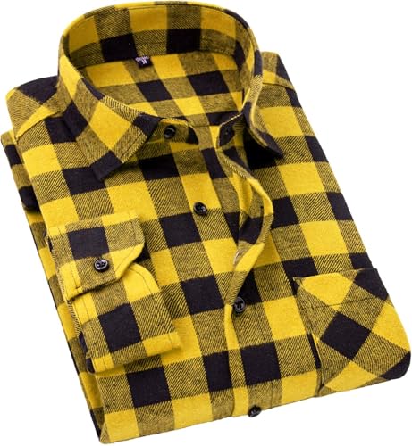 Cromoncent Men's Casual Plaid Flannel Long Sleeve Button Down Shirt,Yellow Black,X-Large