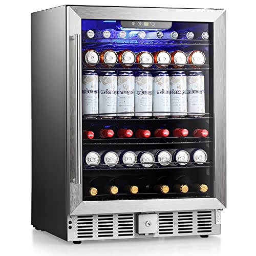 Image of COWSAR Wine Cooler Refrige ETL Approved 24inch Wine Fridge Freestanding or Built-in Wine Refrigerator 5.1Cu.Ft Wine Fridge Under Counter Stainless Steel Wine and Beverage Refrigerator with Glass Door