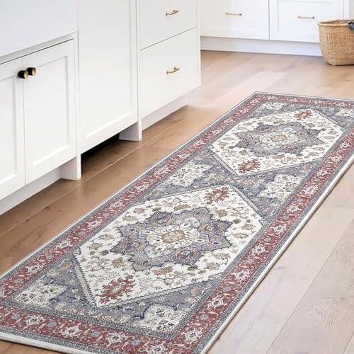 OPPODREAM Soft Entryway Rug 2x6, 2x6 Rug Runner, Washable Hallways Carpet 2 x 6 with Non Slip Backing, Low-Pile Bedside Carpet 2 x 6, Long, Faux Cashmere, Red & Grey