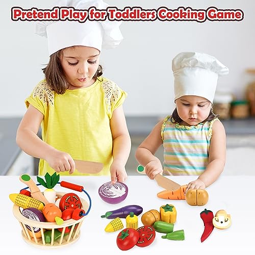 Image of Wooden Vegetable Toys for Children,Pretend Play Food Set for Kid, Magnetic Cutting Kitchen Toy with Picnic Basket,Baby Dinette Accessories for Toddlers Store Grocery,Gift for Girl Boy
