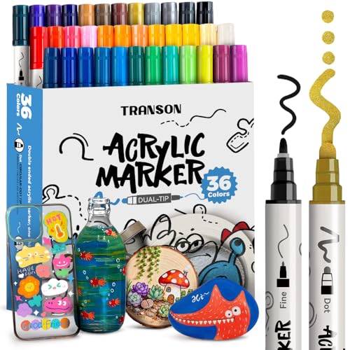 Image of TRANSON 36 Color Bold and Fine Dual-tip Acrylic Paint Pen Set for Canvas Rock Wood Leather Ceramic DIY Painting