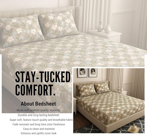 Image of HOMEKART 120 TC Cotton Rich Elastic Corner Fitted Bedsheet with 2 Pillow Covers | Double Bed 72x68+6 Inches | Wrinkle-Free, Super Soft & Breathable Floral Design | Coffee