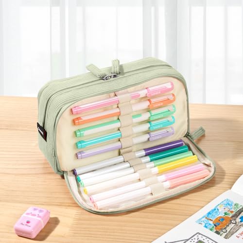 Image of Sooez Big Capacity Pencil Case Pen Pouch, Soft Corduroy Pencil Bag with 3 Compartment, Multiple Pockets, Sturdy Zipper, Cute School Supplies Pen Bag Organizer For Teen Girls College, Green