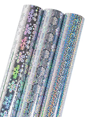 MAYPLUSS Christmas Holographic Foil Wrapping Paper - 17in x 120in Per Roll - Shiny Silver Snowflakes and Dots Design Iridescent Gift Wrap Paper for Christmas Wedding Winter Shower Holiday Celebration