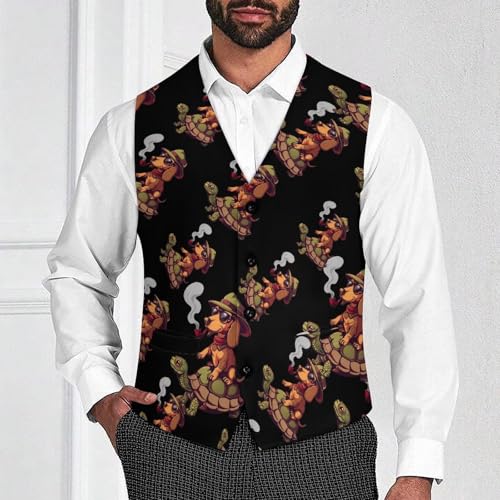 Dachshunds Dog Riding Turtle Men's Suit Vest Waistcoat Vests Formal Dress with 2 Pockets for Business Casual Tuxedo2