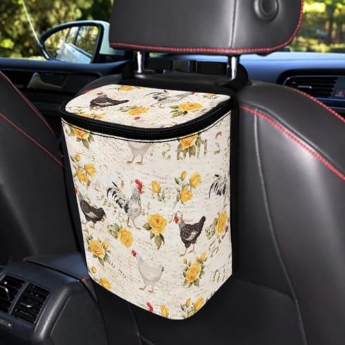 Image of Talayituse Rooster Chicken Print Car Trash Can, Rose Letter Portable Auto Garbage Bin Valentine's Day Decor Multifunctional Vehicle Interior Accessories with Adjustable Straps Universal Fit SUV Sedan