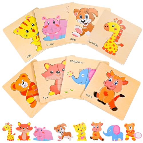 Image of 8pcs Wooden Puzzles for Toddlers 2 3 4, Toddler Puzzles Ages 1 2 3 4 | Montessori Educational Jigsaw Toys Puzzles Christmas Birthday Gift for Kids Girl Boy 1-4 Year Old (Zoo Animals)