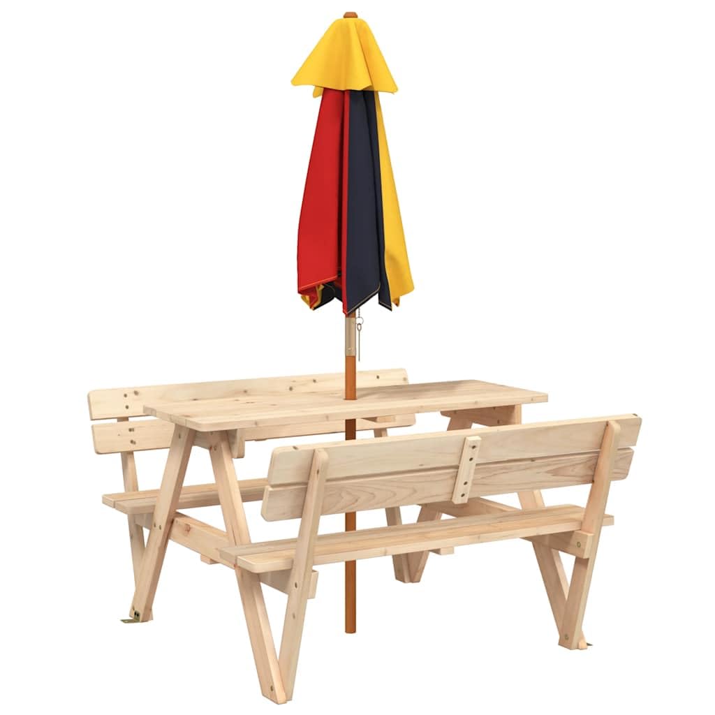 Tavolo da picnic per bambini con ombrellone in legno di abete massiccio, 4 posti, per giardino, terrazza, balcone e esterni, a forma di W, per picnic, barbecue e feste