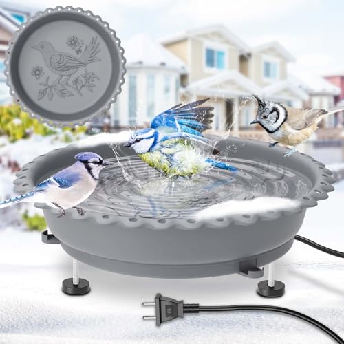ODSNANIE Heated Bird Bath for Outdoors Winter, 100W Thermostat Control Heated Bird Bath for Outside with 3 Metal Extension Screws Large Capacity Heated Birdbath for Outside Garden Yard Lawn (Gray)