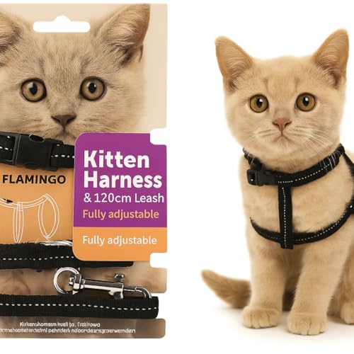 Flamingo Gatto Pettorina con guinzaglio Gattino Elza Nero 15-22cm 20-30cm 120cm 10mm