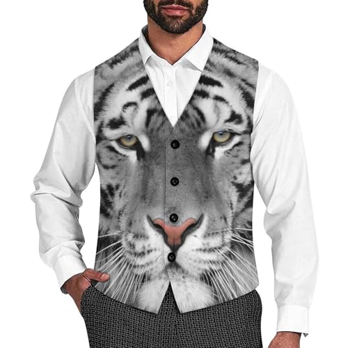 White Beautiful Tiger Men's Suit Vest Slim Fit V-Ncek Waistcoat Business Casual Vest