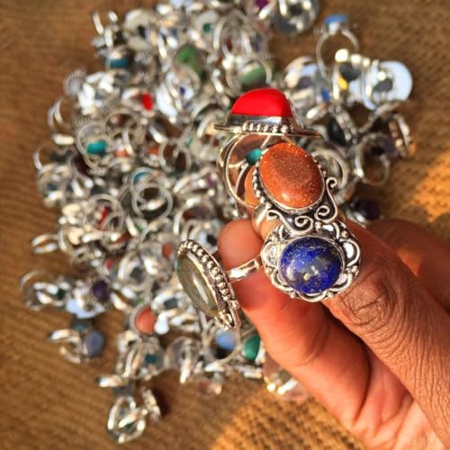 Handmade 10 Pcs Adjustable Gemstone Ring Set for Women, Silver Plated Fashion Boho Knuckle Rings, Vintage Gothic Statement Jewelry Gift Pack4