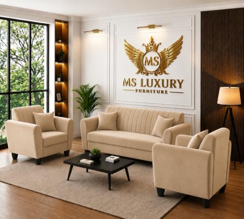 Image of 5 Seater Premium Luster 3-1-1 Sofa Set | Velvet Suede Fabric | 5 Colors and Golden Legs (Beige, 3+1+1) Modern Living Room Furniture Stylish Look + Durable Build