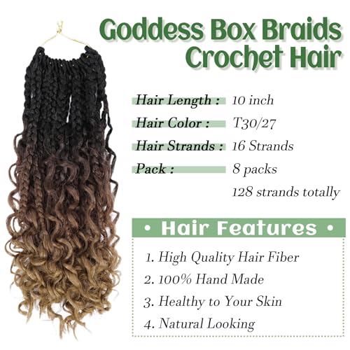 Goddess Box Braids Crochet Hair 10 Inch 8 Packs Pre-looped Bohemian Crochet Boho Box Braids With Curly Ends 3X Crochet Braids Hair for Women Synthetic Braiding Hair 16 Strands (#1B/30/27) - Thumbnail 3