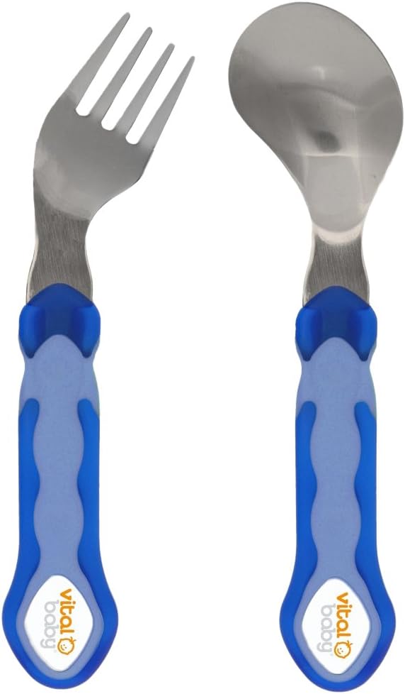 Innovaciones Vital 492051-01 - Set de cubiertos ergonómicos, acero inoxidable, azul, para los niños de 12 meses