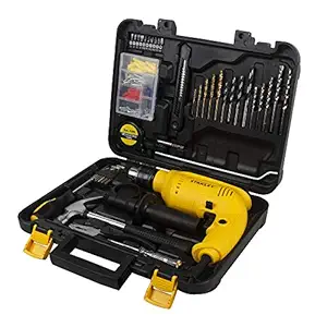 STANLEY SDH600KP 600W 13mm Corded Hammer Drill Machine & Hand Tool Kit for Home, DIY & Professional Use (120-Pieces) - Includes Hammer Drill, Hammer & Measuring Tape, 1 Year Warranty, YELLOW & BLACK