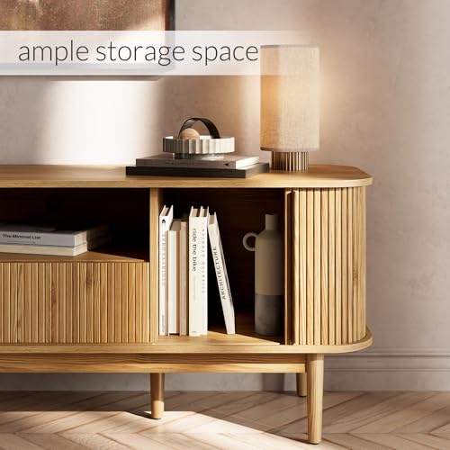 Image of Furniway Modern TV Stand for 45 /55 /70 inch TV, Entertainment Center with Sliding Doors and Storage, Wood TV Stand for Bedroom, Living Room, Natural