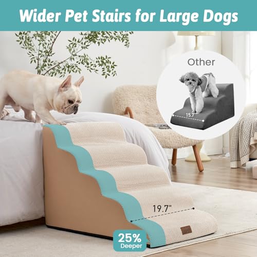 Extra Wide Dog Stairs 19.7" Width, Pet Step for Small Medium/Large Dog, Puppy or Cat, Pet Ramp for High Bed or Car, High Density Foam Ladder, Stable, 5 Step, 19.7x33x22.4 in, Beige - Image 3