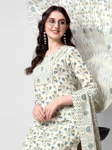 Image of MIRCHI FASHION Pure Cotton Women Straight Print & Thread Embroidery Kurti Set with Dupatta & Pant