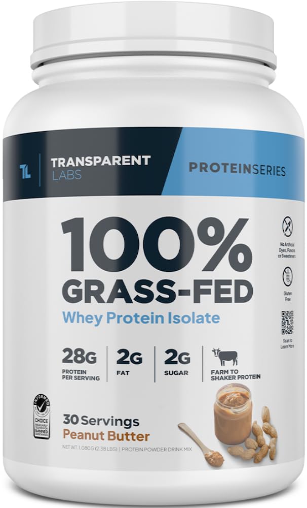 Transparent Labs Grass-Fed Whey Protein Isolate - Natural Flavor, Gluten Free Whey Protein Powder w/ 28g of Protein per Serving & 9 Essential Amino Acids - 30 Servings, Peanut Butter