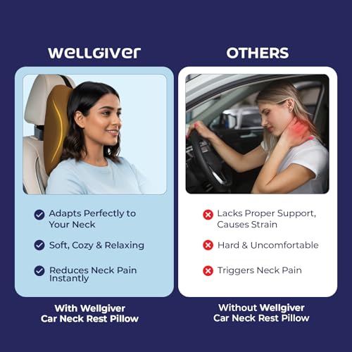 Image of WELLGIVER Orthopedic Memory Foam Car Neck Rest Pillow - Cervical Support Cushion for Neck Pain Relief, Adjustable Strap - Universal Fit for All Cars | TAN Velvet | Pack of 2