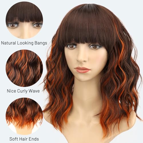 Image of AISI HAIR Ginger and Brown Synthetic Wavy Curly Bob Wig with Bangs Short Wavy Hair for Women Synthetic Heat Resistant Bob Wigs