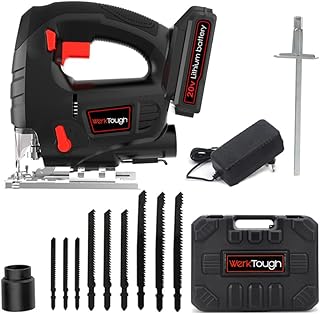 Powertough 20v Cordless Jigsaw Tool Kit,Big Size 100(8)mm,Quick Release Blade,Pendulum Function, 0-45°Adjustable Cutting Bevel,2000MA Li-ion Battery With 1 Hour Fast Charger,9pcs Free Blade (3pcs for wood,3pcs Bi-metal for steel,3pcs for aluminium& plastic) With Dust Adaptor