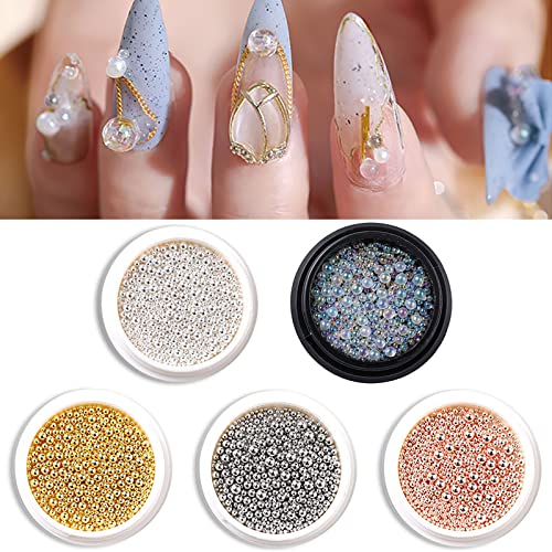 OTKARXUS Nail Art Caviar Beads, 5 Boxes, Gold, Silver, Rose Gold, Shiny Silver, Colorful, Round, Metal, Small