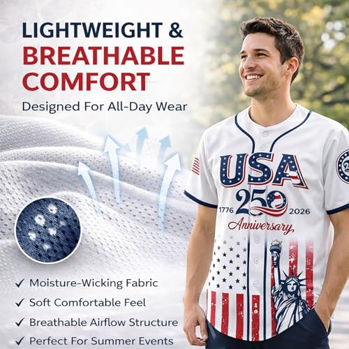 Camiseta de béisbol patriótica de aniversario 250 de USA con estampado Estatua de la Libertad y bandera, botones, talla X-Large miniatura 3