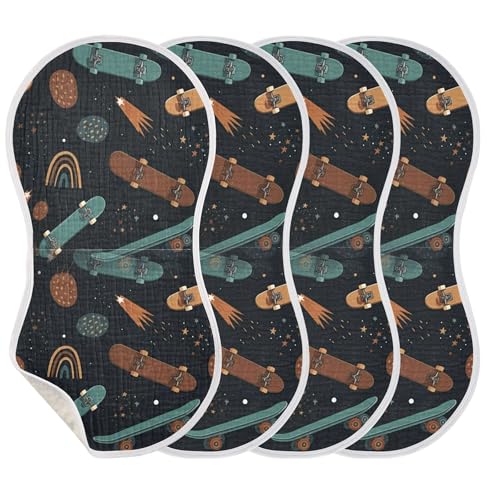 Kigai Skateboards Shooting Stars Baby Muslin Burp Cloths 4 Pack, Soft 4 Absorbent Layers Cotton Burp Rags for Newborn Girls Boys