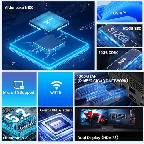 Azeyou Mini PC, Prozessor N100, 16G DDR4 512G SSD, Mini Desktop Computerv mit W11 Pro, LAN 1000M, WiFi 6, BT5.2, 4K HDMI, Dual RJ45, USB 3.2