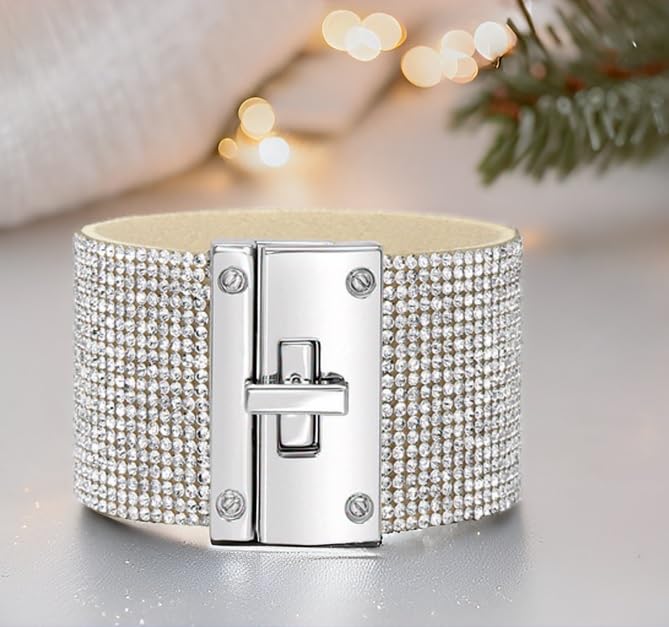 Badgley Mischka Women's Bracelet - Crystal Studded Leatherette Box Clasp Bangle Cuff Wrap Wristband3