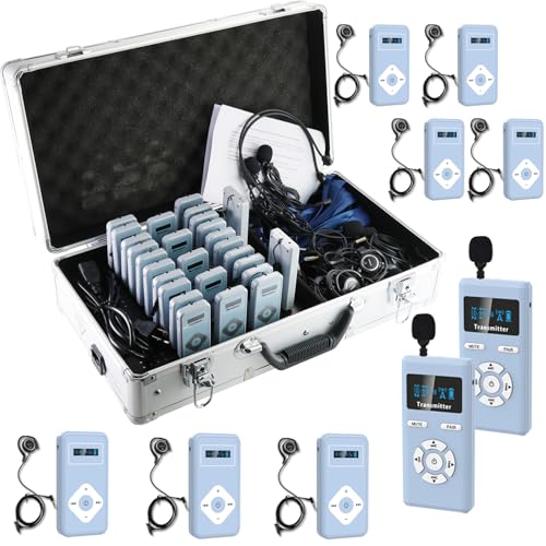 Sistema inalámbrico para guías turísticos EXMAX EXD-6882 con auriculares, transmisión de voz clara y operación de una tecla (2 transmisores, 25 receptores y estuche de carga de 32 ranuras)