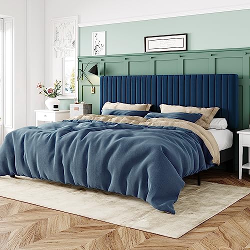 Image of Allewie King Bed Frame, Velvet Upholstered Platform Bed with Adjustable Vertical Channel Tufted Headboard, Mattress Foundation with Strong Wooden Slats, Box Spring Optional, Easy Assembly, Navy Blue