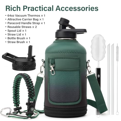 Insulated Water Bottle | Thickened Stainless Steel Vacuum Metal | Portable Sports Half Gallon Large Water Jug for Gym and Hiking with Straw, Carrier Bag, Handle Strap | BPA-Free 64 oz