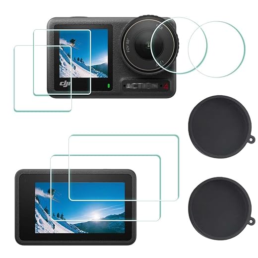 ULBTER Screen Protector for DJI OSMO Action 4 Camera + Silicone Lens cap Cover, 0.3mm 9H Hardness Tempered Glass Protector, Anti-Scrach Anti-Fingerprint Anti-Bubble [2+6 Pieces]