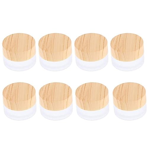 ConStore 8 frascos de crema de vidrio esmerilado con tapa de grano de madera, mini frascos de loción rellenables, recipientes vacíos para cosméticos
