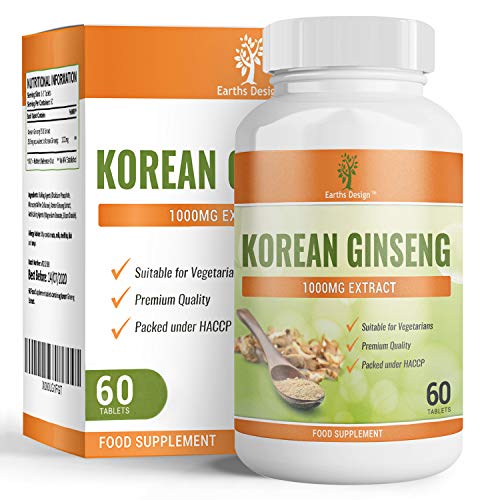 Korean Ginseng - 1000mg - Extracto de Ginseng - Suplemento de Máxima Concentración - Para Hombres y Mujeres - Apto Para Vegetarianos - 60 Tabletas (Suministro Para 2 Meses) de Earths Design