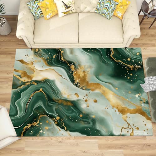 Tapis de salon moderne marbre vert émeraude 90x150 lavable en machine
