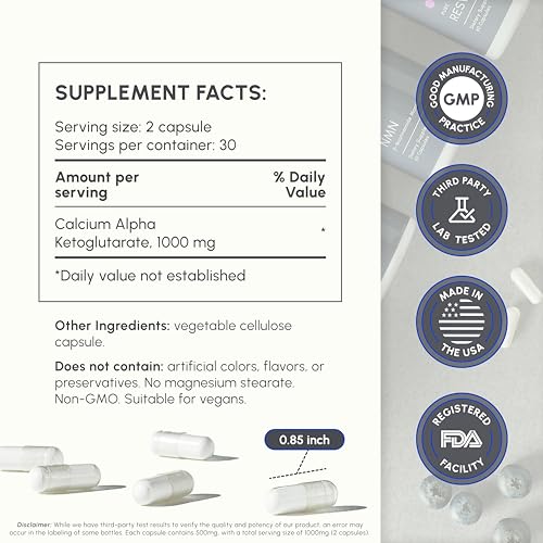 Image of CA AKG Supplement - Pure Alpha Ketoglutarate with High Bio-Avaibility - Calcium AKG Supplement 1000mg per 2 Capsule Serving - Supports Healthy Aging Process - Made in The USA - 60 Capsules
