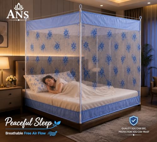 Image of ANS Hanging Mosquito Net for Single Bed, Sky Blue Floral Print with Cotton Border, Breathable Free Air Flow Fine Mesh, Washable Bed Mosquito Net, Insect Protection Net, 4 x 6.5 ft, Height 5 ft