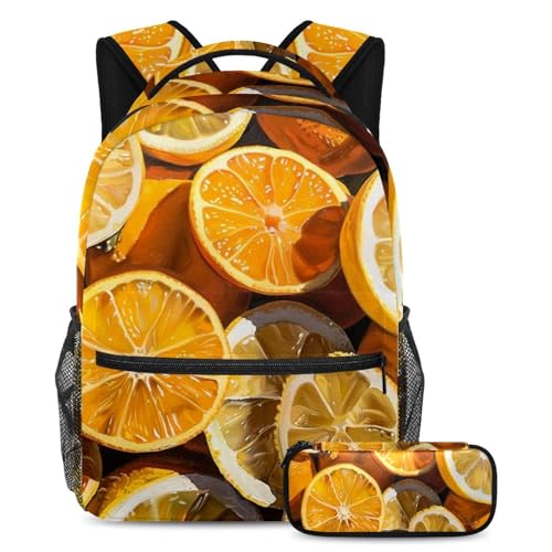 Cartable grande capacité orange et citron avec sa trousse pour ados en voyage